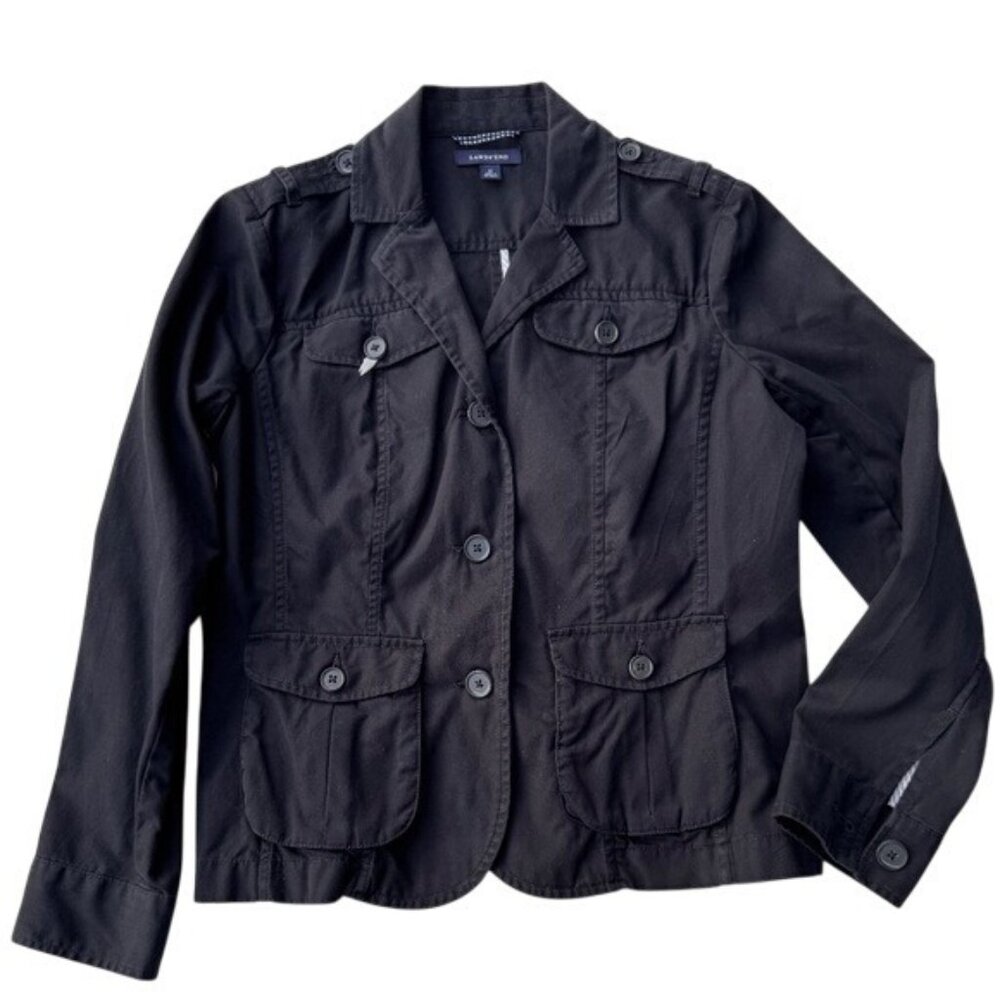 Lands End Womens Black Cotton Jacket With Button Pockets Size 10P